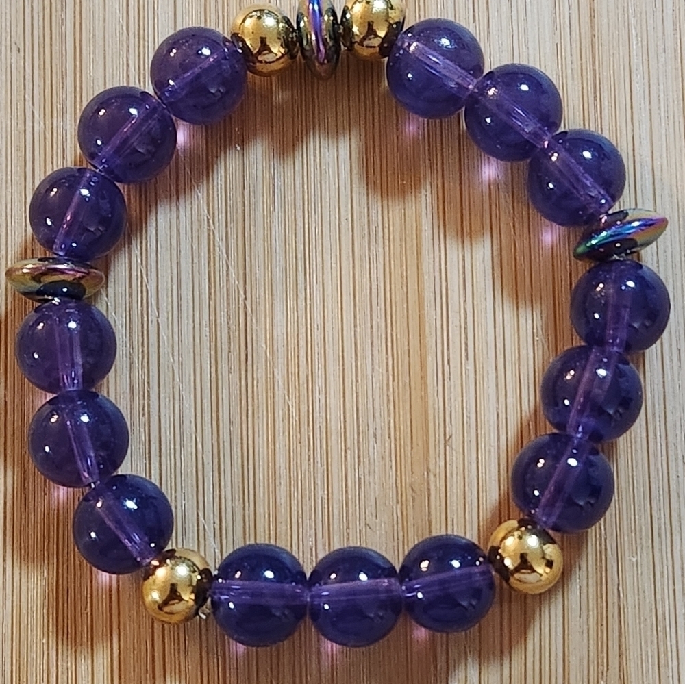 Hand Crafted Bracelet Purple Gold Nontarnish Stretch Small/Medium